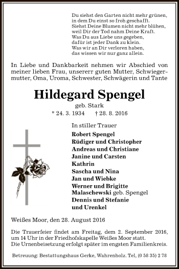 Traueranzeige von Hildegard Sprengel von Uelzen