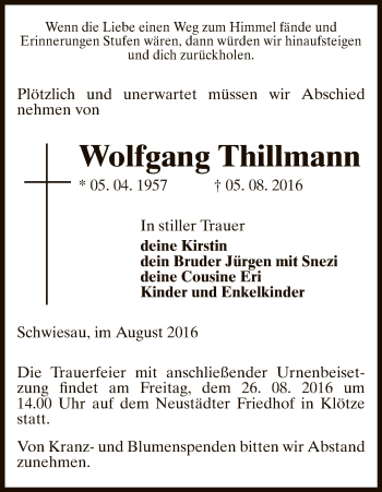 Traueranzeige von Wolfgang Thillmann von Uelzen