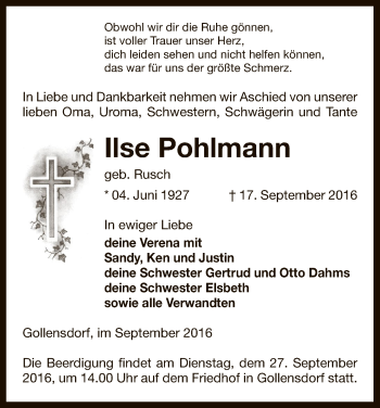 Traueranzeige von Ilse Pohlmann von Uelzen