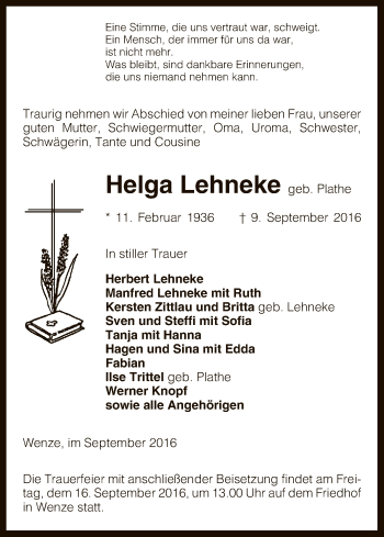 Traueranzeige von Helga Lehneke von Uelzen