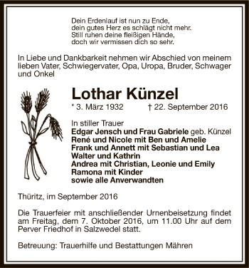 Traueranzeige von Lothar Künzel von Uelzen