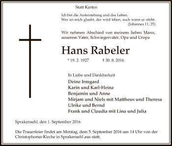 Traueranzeige von Hans Rabeler von Uelzen