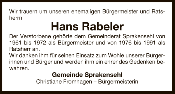 Traueranzeige von Hans Rabeler von Uelzen