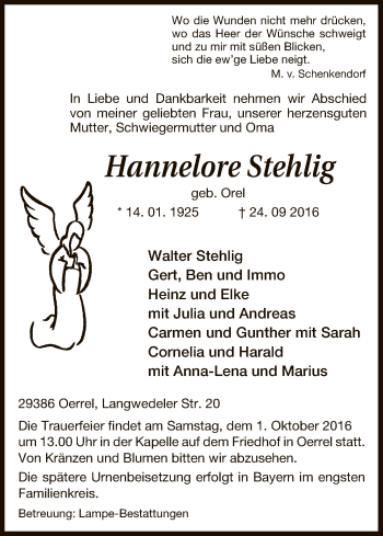 Traueranzeige von Hannelore Stehlig von Uelzen