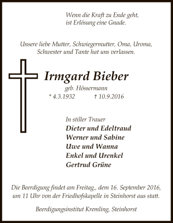 Traueranzeige von Irmgard Bieber von Uelzen