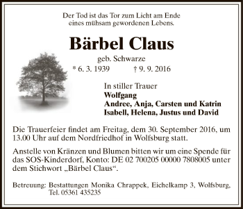 Traueranzeige von Bärbel Claus von Uelzen