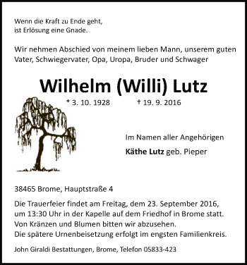 Traueranzeige von Wilhelm Lutz von Uelzen