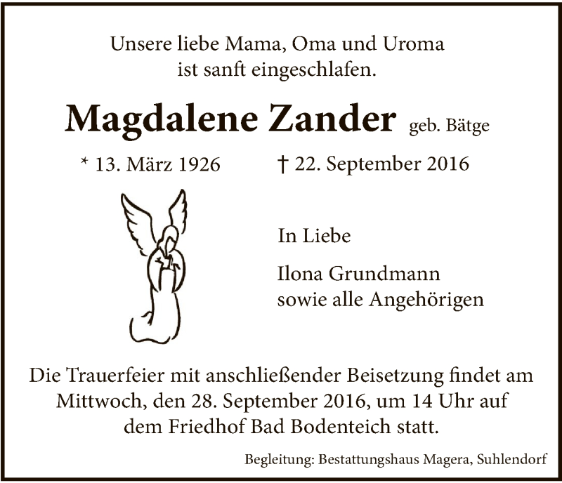  Traueranzeige für Magdalene Zander vom 24.09.2016 aus Uelzen