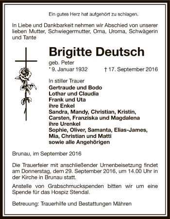 Traueranzeige von Brigitte Deutsch von Uelzen