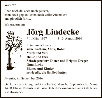 Traueranzeige von Jörg Lindecke von Uelzen