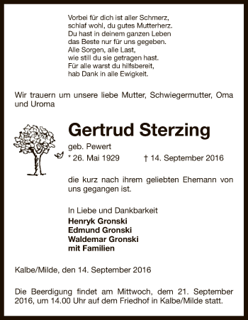 Traueranzeige von Gertrud Sterzing von Uelzen