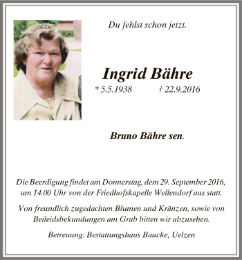 Traueranzeige von Ingrid Bähre von Uelzen