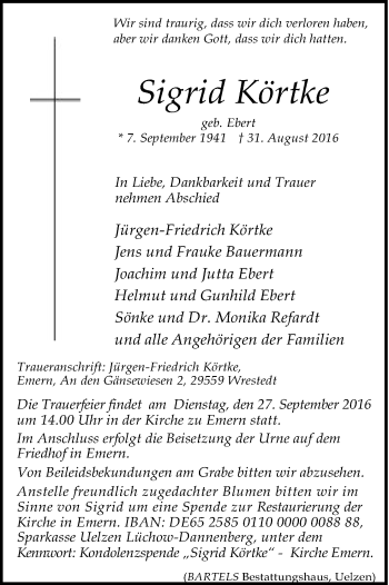 Traueranzeige von Sigrid Körtke von Uelzen