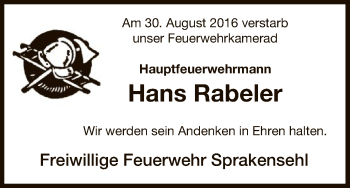 Traueranzeige von Hans Rabeler von Uelzen