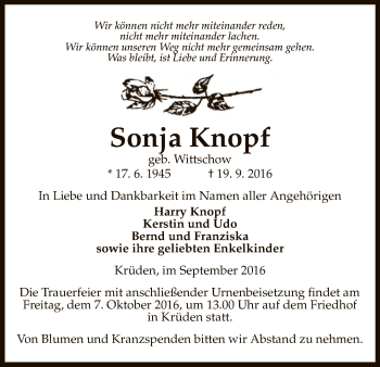 Traueranzeige von Sonja Knopf von Uelzen