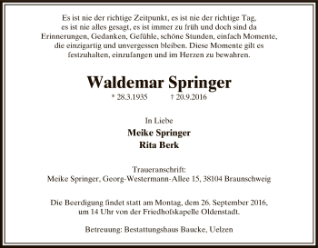 Traueranzeige von Waldemar Springer von Uelzen