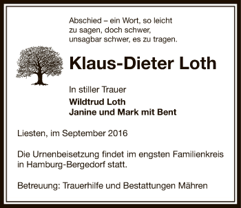 Traueranzeige von Klaus-Dieter Loth von Uelzen