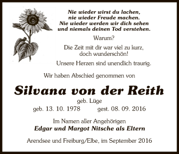 Traueranzeige von Silvana von der Reith von Uelzen