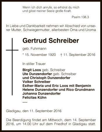 Traueranzeige von Gertrud Schreiber von Uelzen