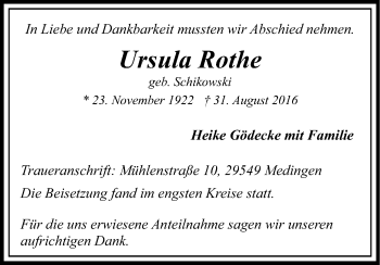 Traueranzeige von Ursula Rothe von Uelzen