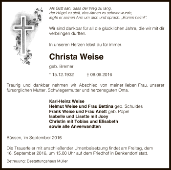 Traueranzeige von Christa Weise von Uelzen