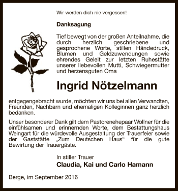 Traueranzeige von Ingrid Nötzelmann von Uelzen