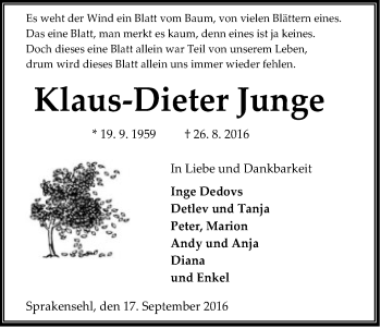 Traueranzeige von Klaus-Dieter Junge von Uelzen