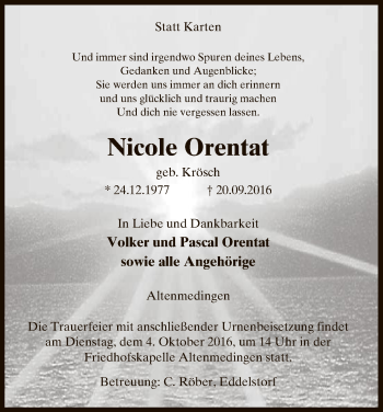 Traueranzeige von Nicole Orentat von Uelzen