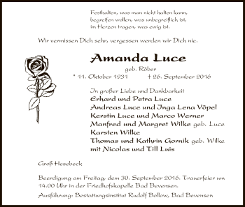 Traueranzeige von Amanda Luce von Uelzen