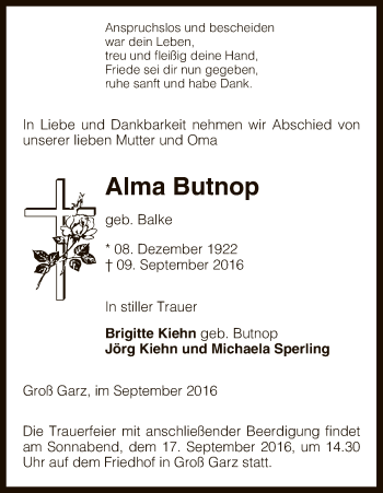 Traueranzeige von Alma Butnop von Uelzen