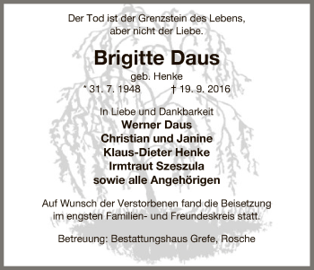 Traueranzeige von Brigitte Daus von Uelzen
