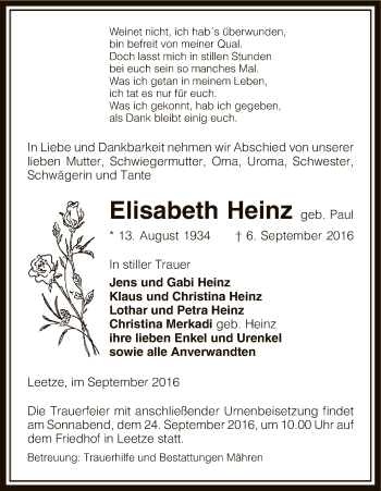 Traueranzeige von Elisabeth Heinz von Uelzen