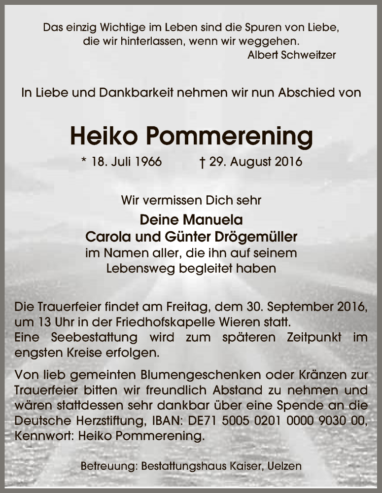  Traueranzeige für Heiko Pommerening vom 24.09.2016 aus Uelzen