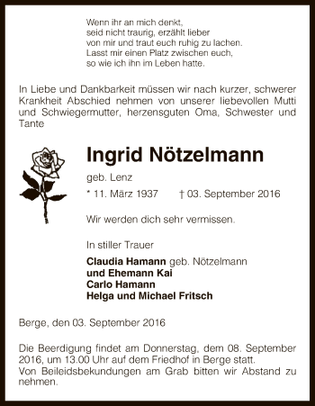 Traueranzeige von Ingrid Nötzelmann von Uelzen