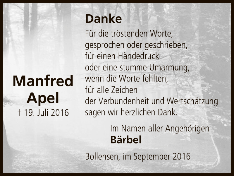  Traueranzeige für Manfred Apel vom 03.09.2016 aus Uelzen