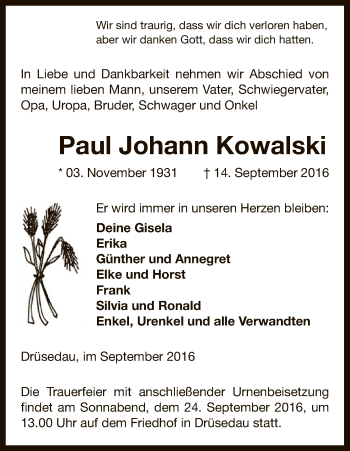 Traueranzeige von Paul Johann Kowalski von Uelzen