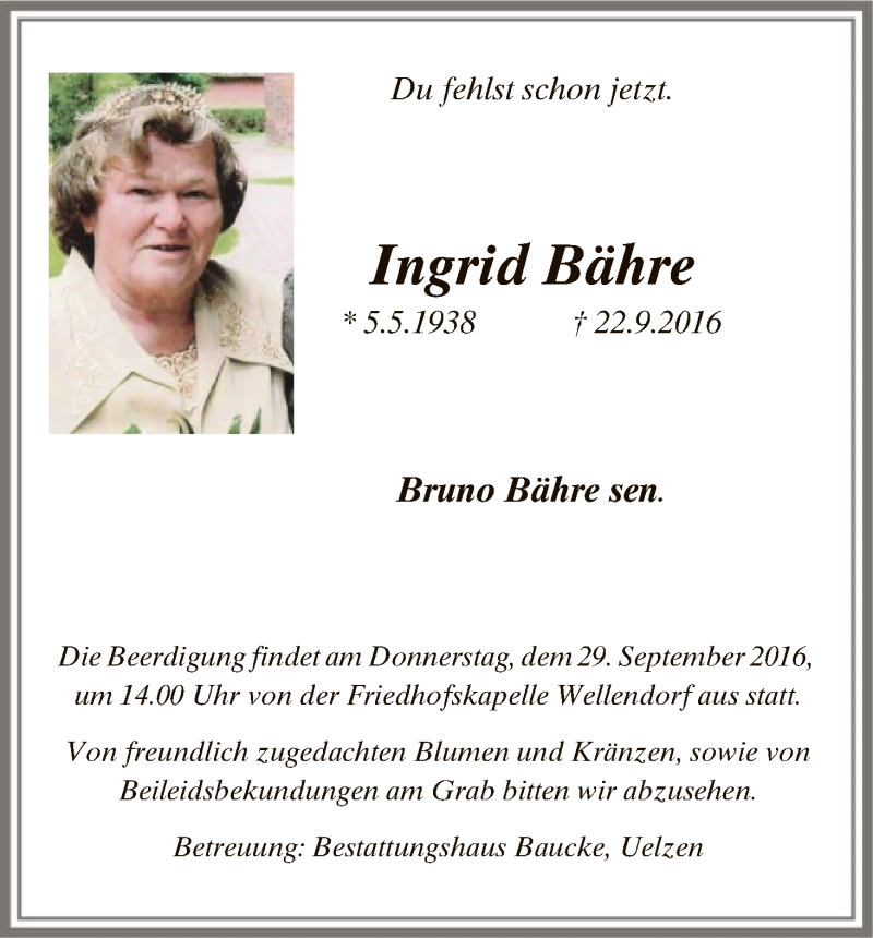  Traueranzeige für Ingrid Bähre vom 28.09.2016 aus Uelzen