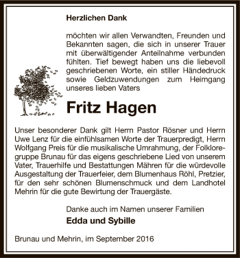 Traueranzeige von Fritz Hagen von Uelzen