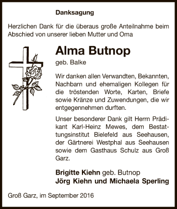 Traueranzeige von Alma Butnop von Uelzen