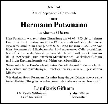 Traueranzeige von Hermann Putzmann von Uelzen