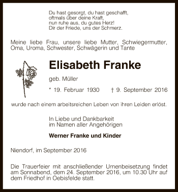 Traueranzeige von Elisabeth Franke von Uelzen