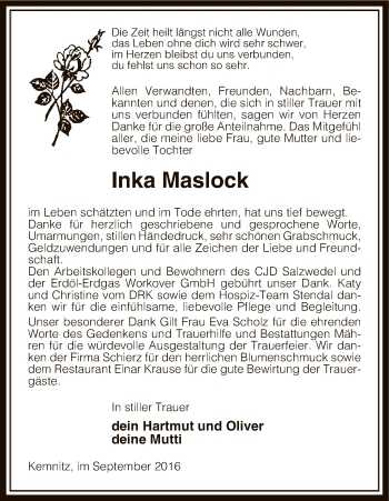 Traueranzeige von Inka Maslock von Uelzen
