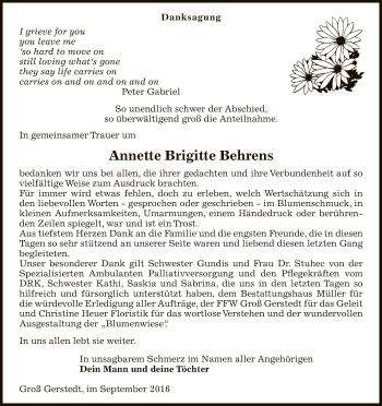 Traueranzeige von Annette Brigitte Behrens von Uelzen