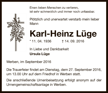 Traueranzeige von Karl-Heinz Lüge von Uelzen