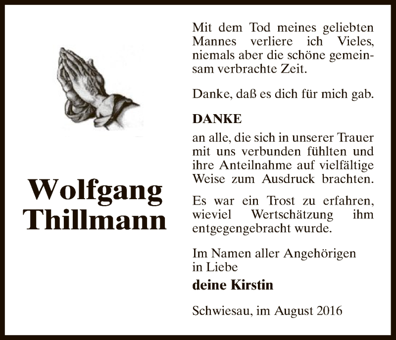  Traueranzeige für Wolfgang Thillmann vom 02.09.2016 aus Uelzen