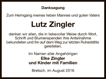 Traueranzeige von Lutz Zingler von Uelzen