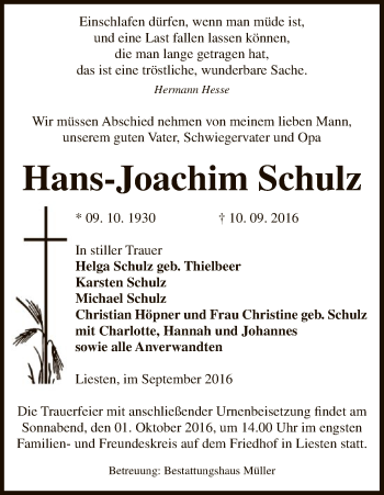 Traueranzeige von Hans-Joachim Schulz von Uelzen