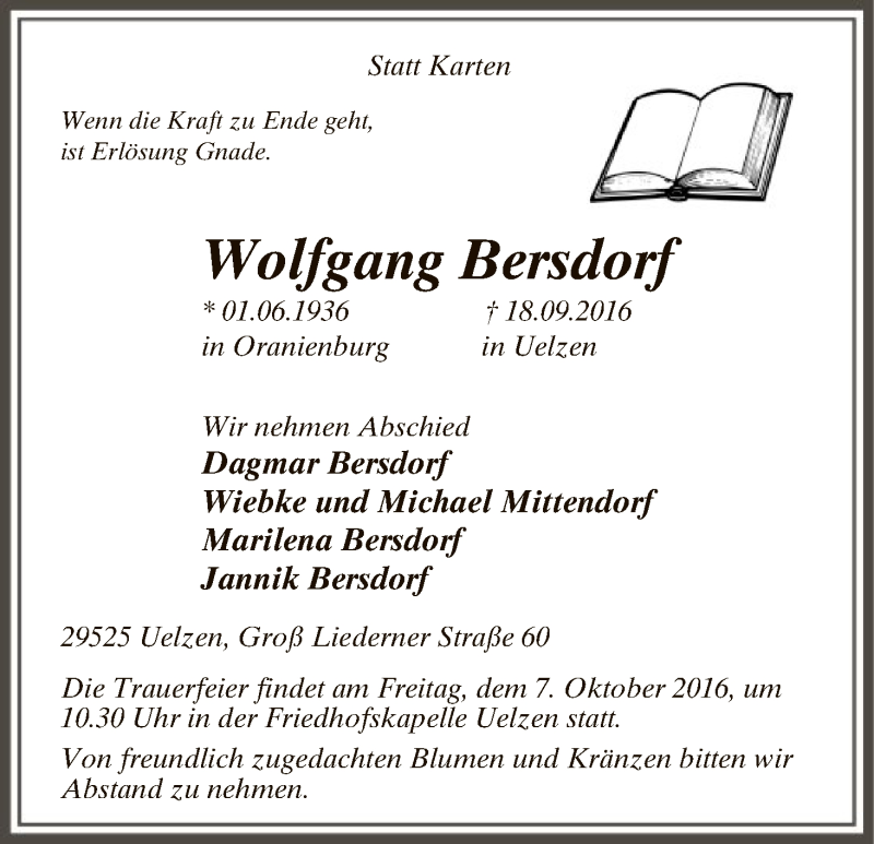  Traueranzeige für Wolfgang Bersdorf vom 24.09.2016 aus Uelzen