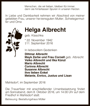 Traueranzeige von Helga Albrecht von Uelzen