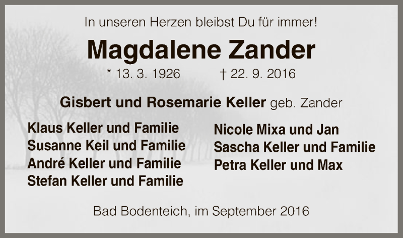  Traueranzeige für Magdalene Zander vom 24.09.2016 aus Uelzen